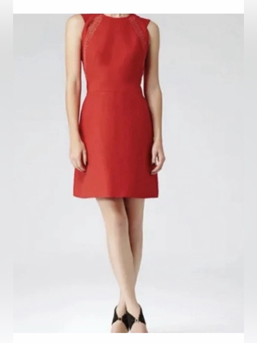 $325 Reiss Nikita Poinsettia Red Lace Trim Fit & Flare Dress US 8 UK 12 NEW R634
